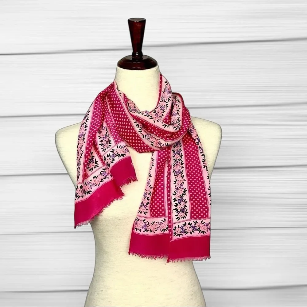 Bill Blass for Baar & Beards Silk Scarf Rectangle Raspberry Floral Hand Rolled